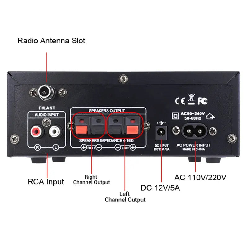 AK45 rear RCA input, speaker outputs and power connections
